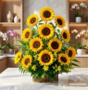 Arreglo floral exótico y grande con girasoles abiertos, vibrantes y hojas verdes, sobre una superficie de mármol en un entorn