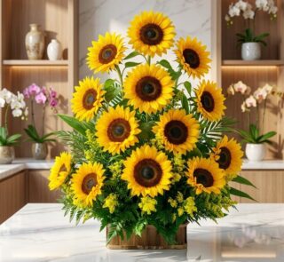 Arreglo floral exótico y grande con girasoles abiertos, vibrantes y hojas verdes, sobre una superficie de mármol en un entorn