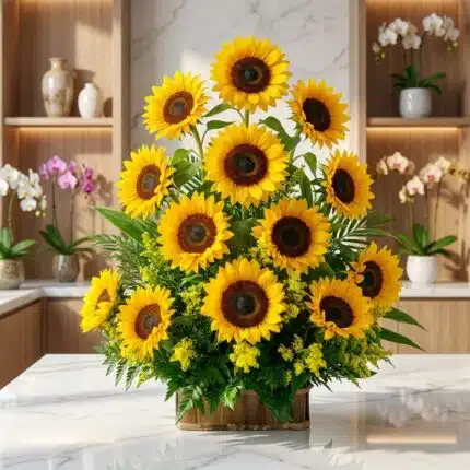 Arreglo floral exótico y grande con girasoles abiertos, vibrantes y hojas verdes, sobre una superficie de mármol en un entorn