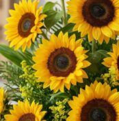 Primer plano extremo de un Arreglo con Girasoles Radiante, mostrando texturas hiperrealistas, gotas de rocío y colores vibran