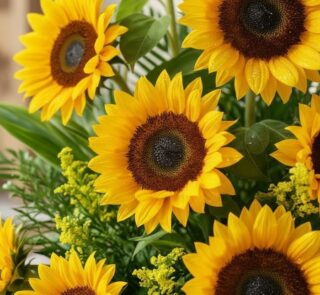 Primer plano extremo de un Arreglo con Girasoles Radiante, mostrando texturas hiperrealistas, gotas de rocío y colores vibran