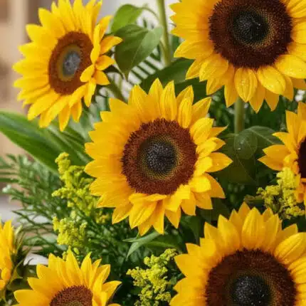 Primer plano extremo de un Arreglo con Girasoles Radiante, mostrando texturas hiperrealistas, gotas de rocío y colores vibran