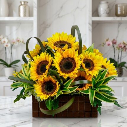 Arreglo floral exótico con girasoles Soleil grandes y abiertos, hojas verdes vibrantes, en una cesta de madera oscura sobre m