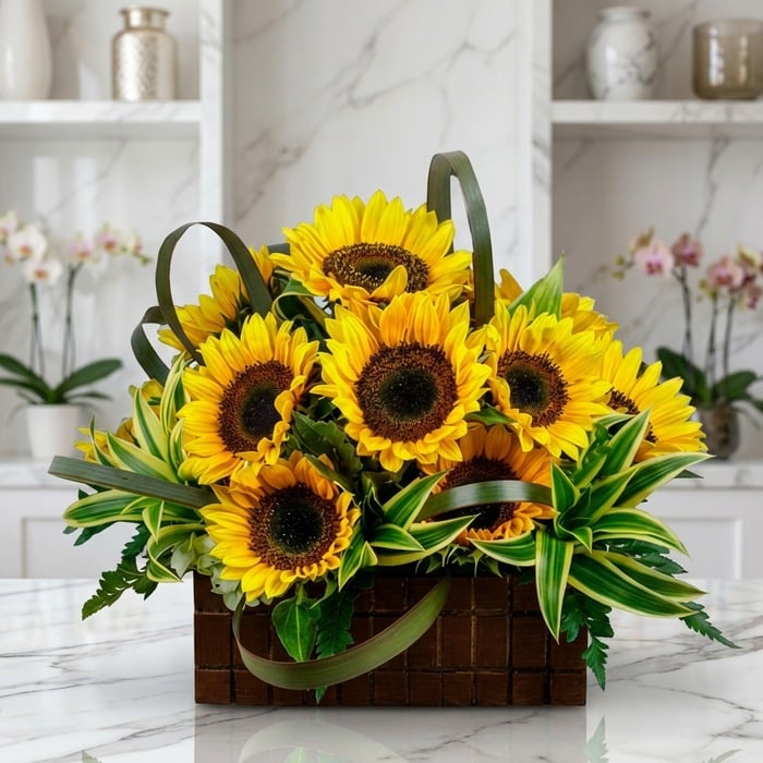 Arreglo floral exótico con girasoles Soleil grandes y abiertos, hojas verdes vibrantes, en una cesta de madera oscura sobre m
