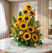 Arreglo floral exótico Sunna con girasoles grandes y abiertos, hojas tropicales, sobre mesa de mármol en floristería premium.