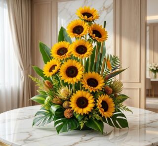Arreglo floral exótico Sunna con girasoles grandes y abiertos, hojas tropicales, sobre mesa de mármol en floristería premium.