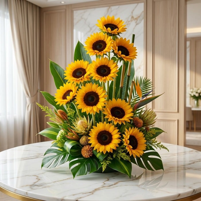 Arreglo floral exótico Sunna con girasoles grandes y abiertos, hojas tropicales, sobre mesa de mármol en floristería premium.