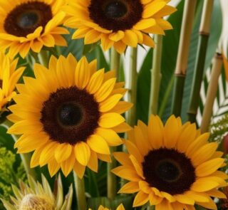 Primer plano extremo de un arreglo floral con girasoles Sunna, mostrando texturas hiperrealistas, sutiles gotas de rocío y co