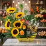 Arreglo floral exótico y vibrante con girasoles grandes y abiertos, rosas naranjas, proteas y hojas de monstera, acompañado d