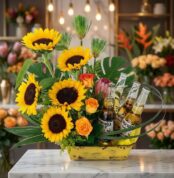 Arreglo floral exótico y vibrante con girasoles grandes y abiertos, rosas naranjas, proteas y hojas de monstera, acompañado d