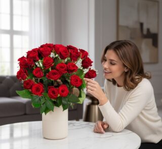 Mujer elegante admirando con deleite un Arreglo Jianna de 25 rosas rojas en un jarrón beige sobre una mesa de mármol, en un h