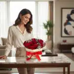 Mujer elegante admirando el Arreglo Lidia, un balde rústico con 15 rosas rojas premium y gypsophila, en un hogar de diseño lu