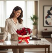 Mujer elegante admirando el Arreglo Lidia, un balde rústico con 15 rosas rojas premium y gypsophila, en un hogar de diseño lu