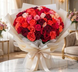 Impresionante bouquet de 72 rosas FILIPPA en tonos rojos, naranjas y rosas, con empaque coreano elegante, sobre mesa de mármo