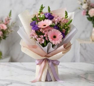 Bouquet Floral CARINA con gerberas y astromelias rosadas, lisianthus morados, envuelto en papel coreano elegante sobre mármol