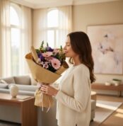 Mujer joven y elegante con suéter crema, ojos cerrados, sonriendo mientras huele un hermoso bouquet floral CARINA de gerberas