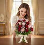 Mujer joven sonriendo y admirando un hermoso bouquet ELETRA de 20 rosas rojas y rosadas, atado con un lazo crema, sobre una m