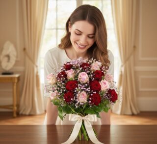 Mujer joven sonriendo y admirando un hermoso bouquet ELETRA de 20 rosas rojas y rosadas, atado con un lazo crema, sobre una m
