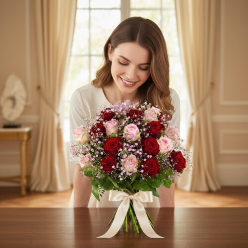 Mujer joven sonriendo y admirando un hermoso bouquet ELETRA de 20 rosas rojas y rosadas, atado con un lazo crema, sobre una m