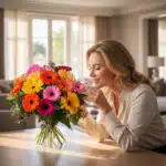 Mujer rubia sonriente admira un Bouquet Floral Adela de gerberas multicolor vibrantes en un hogar de lujo con luz natural.