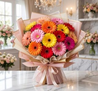 Bouquet Floral Adela, un ramo grande y vibrante de gerberas en tonos rojos, naranjas, amarillos y rosas, con empaque coreano