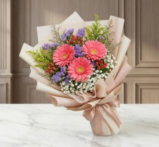 Bouquet Floral LIA con gerberas amarillas vibrantes, envuelto en papel coreano elegante, sobre una superficie de mármol pulid