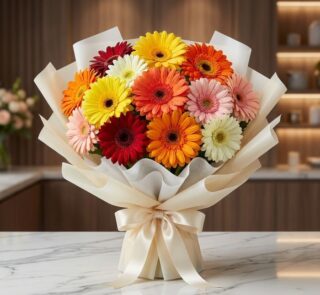 Bouquet de gerberas multicolor vibrantes, envuelto en papel crema elegante con lazo de satén, sobre una mesa de mármol en un
