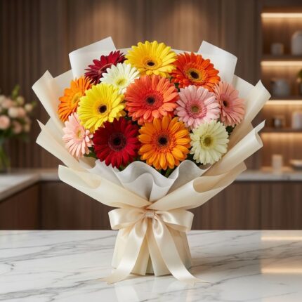 Bouquet de gerberas multicolor vibrantes, envuelto en papel crema elegante con lazo de satén, sobre una mesa de mármol en un