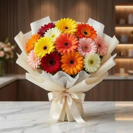 Bouquet de gerberas multicolor vibrantes, envuelto en papel crema elegante con lazo de satén, sobre una mesa de mármol en un
