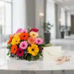 Bouquet Floral Adela con gerberas multicolor vibrantes, tarjeta de regalo elegante y cinta satinada sobre mármol.