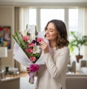 Mujer joven sonriendo y oliendo delicadamente un hermoso bouquet de flores GIA con gerberas rosadas, lirios blancos y flores