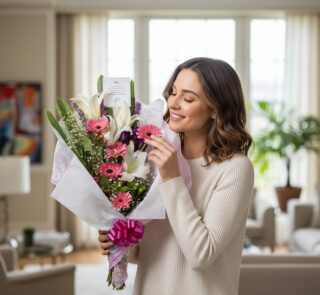 Mujer joven sonriendo y oliendo delicadamente un hermoso bouquet de flores GIA con gerberas rosadas, lirios blancos y flores