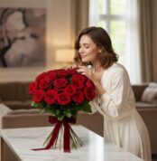 Mujer elegante admirando un Bouquet Giordana de 24 rosas rojas frescas con moño, en un hogar de alto diseño con luz natural.