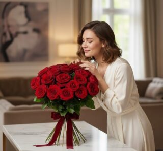 Mujer elegante admirando un Bouquet Giordana de 24 rosas rojas frescas con moño, en un hogar de alto diseño con luz natural.