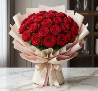 Bouquet Giordana con 24 rosas rojas frescas y abiertas, envuelto en papel coreano beige y rosa, atado con un lazo de seda, so