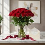 Bouquet Giordana con 24 rosas rojas frescas en jarrón de cristal, tarjeta de regalo y cinta satinada sobre mármol.