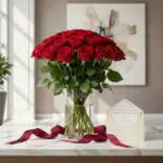 Bouquet Giordana con 24 rosas rojas frescas en jarrón de cristal, tarjeta de regalo y cinta satinada sobre mármol.