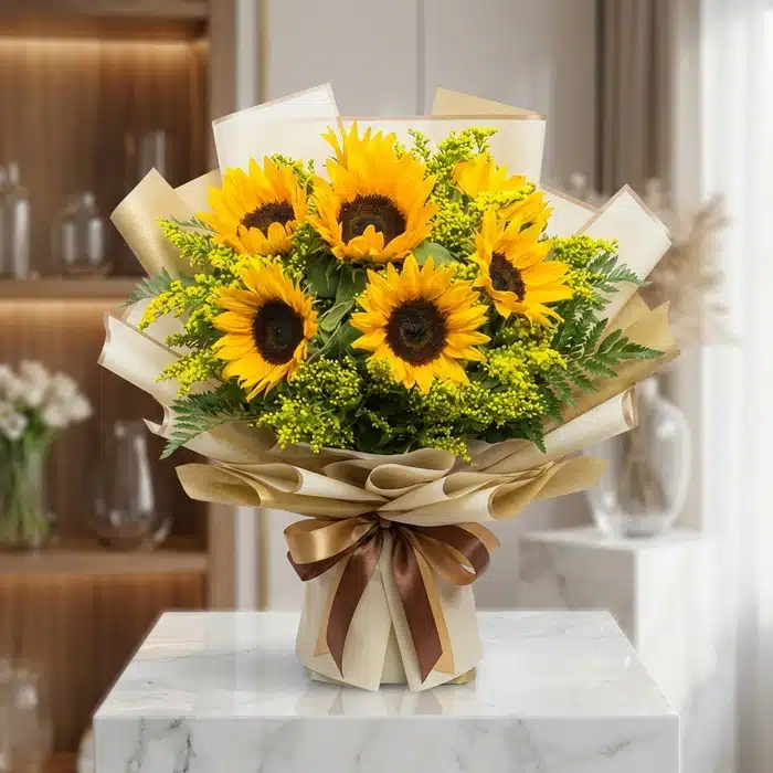 Bouquet de Girasoles LAIA: Frescura y Radiante Belleza para Regalar Bouquet de Girasoles LAIA con 10 flores frescas y radiantes, envuelto en papel coreano elegante y lazo marrón, sobre mármol b