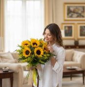 Mujer joven y elegante con camisa blanca admira un gran bouquet de girasoles frescos y radiantes, atado con un lazo de yute,