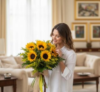 Mujer joven y elegante con camisa blanca admira un gran bouquet de girasoles frescos y radiantes, atado con un lazo de yute,