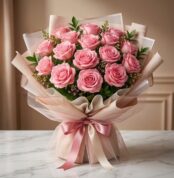 Bouquet Lionetta con 18 rosas rosadas frescas y abiertas, envuelto en papel coreano rosa y beige, sobre una mesa de mármol bl