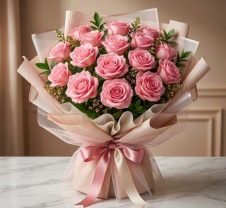 Bouquet Lionetta con 18 rosas rosadas frescas y abiertas, envuelto en papel coreano rosa y beige, sobre una mesa de mármol bl