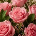 Primer plano extremo de rosas rosadas frescas con gotas de rocío, destacando la textura hiperrealista y colores vibrantes del