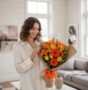 Mujer joven sonriente admirando un Bouquet Floral LIRICA con lirios naranjas y rosas amarillas, envuelto en papel kraft con m