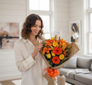 Mujer joven sonriente admirando un Bouquet Floral LIRICA con lirios naranjas y rosas amarillas, envuelto en papel kraft con m