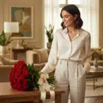 Mujer elegante sonriendo y admirando el Bouquet MATILDE de 18 rosas rojas con moño, sobre una mesa de madera en un lujoso sal