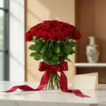 Bouquet MATILDE de 18 rosas rojas frescas con cinta de satén y tarjeta de regalo, sobre mármol blanco en un entorno elegante.