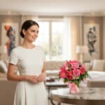 Mujer elegante admirando el Bouquet ORLENA con rosas rosadas y gerberas en un lujoso salón, ideal para regalar en primavera.
