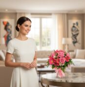 Mujer elegante admirando el Bouquet ORLENA con rosas rosadas y gerberas en un lujoso salón, ideal para regalar en primavera.