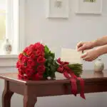 Manos colocando una tarjeta en un impresionante bouquet PAOLA de 72 rosas rojas frescas, atado con cinta de seda, sobre una m
